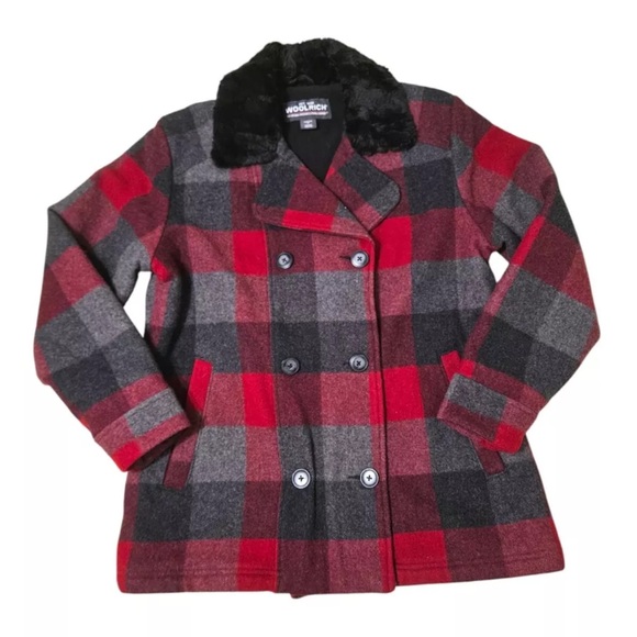 Woolrich Red Buffalo Plaid Wool barn Coat Winter Jacket Womens S Double Breast - Picture 1 of 10